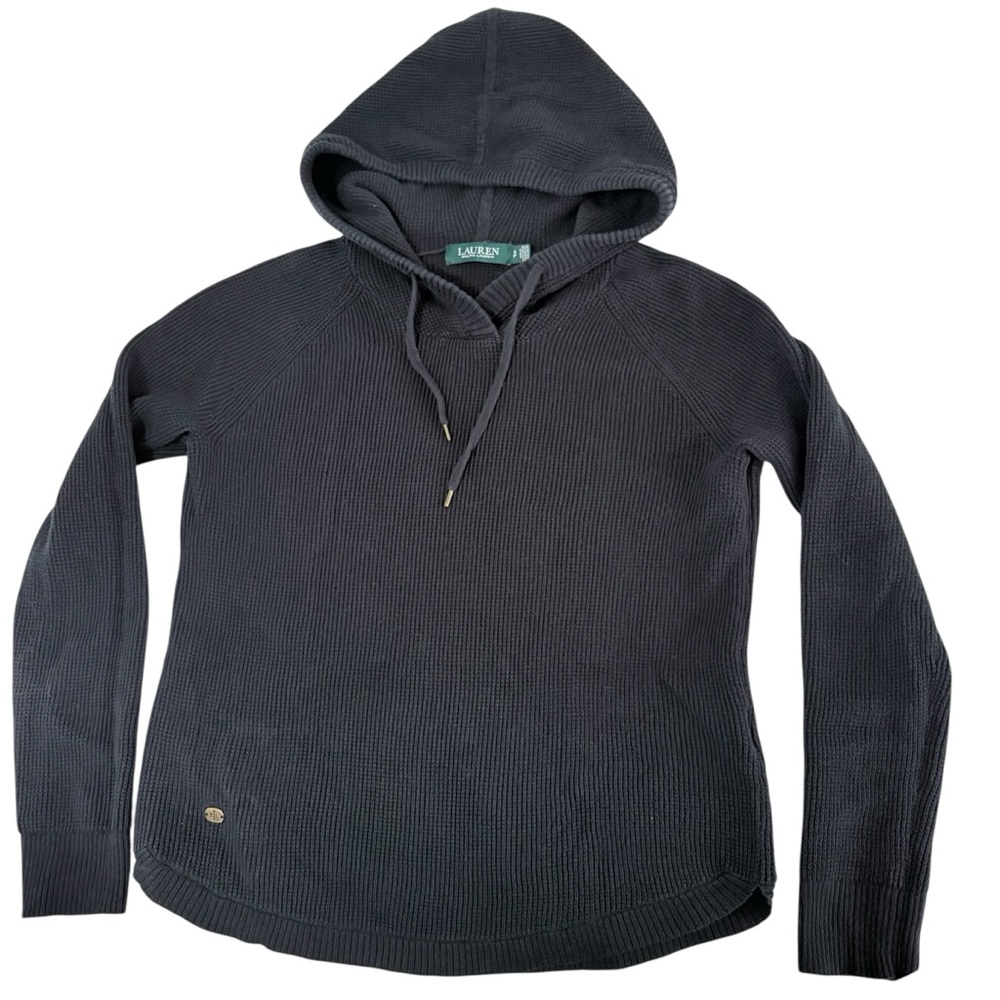 Ralph Lauren Black Waffle-Knit Hooded Long Sleeve Women’s Pullover Shirt Sz S - Picture 4 of 9